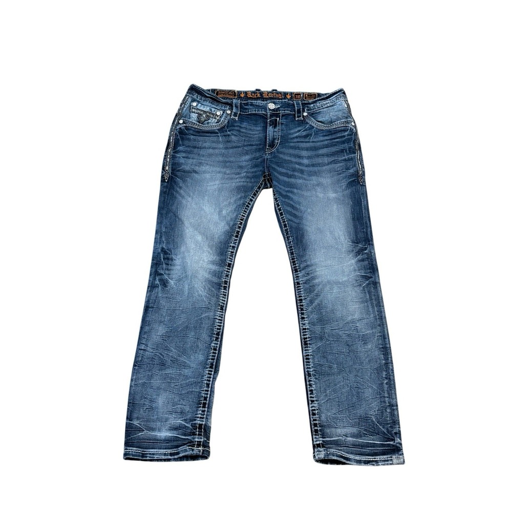 Rock Revival Baresta Straight Jeans Men 38x30 Stretch Distressed Embroidered